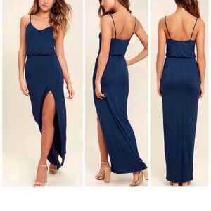 Lulus Watch The Sunset Navy Blue Side Slit Maxi Dress